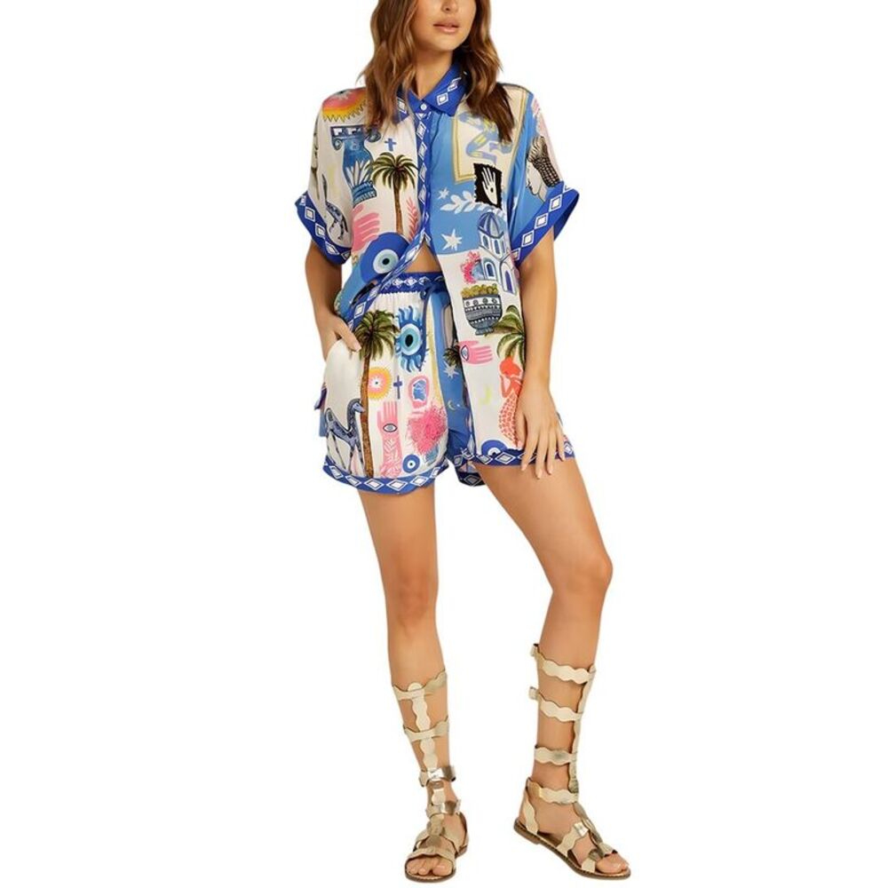 Amina Glam Womens 2Pc Linen-Blend Shirt & Short